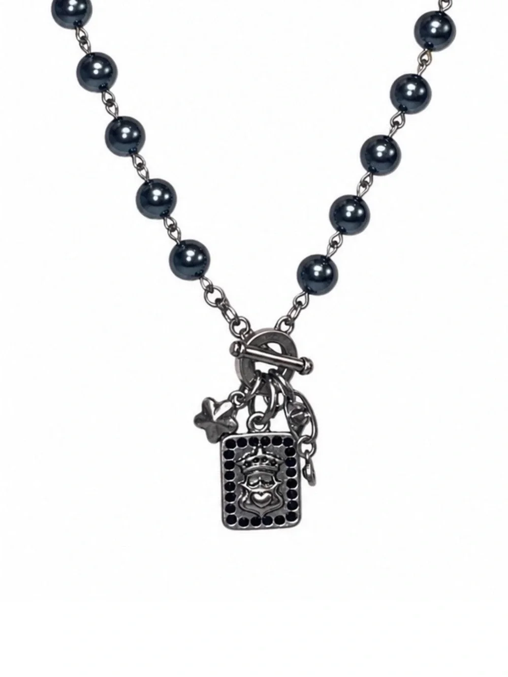 Cabi #2140 Heritage Black Pearl Charm Necklace Crown Crest Pendant Toggle Goth